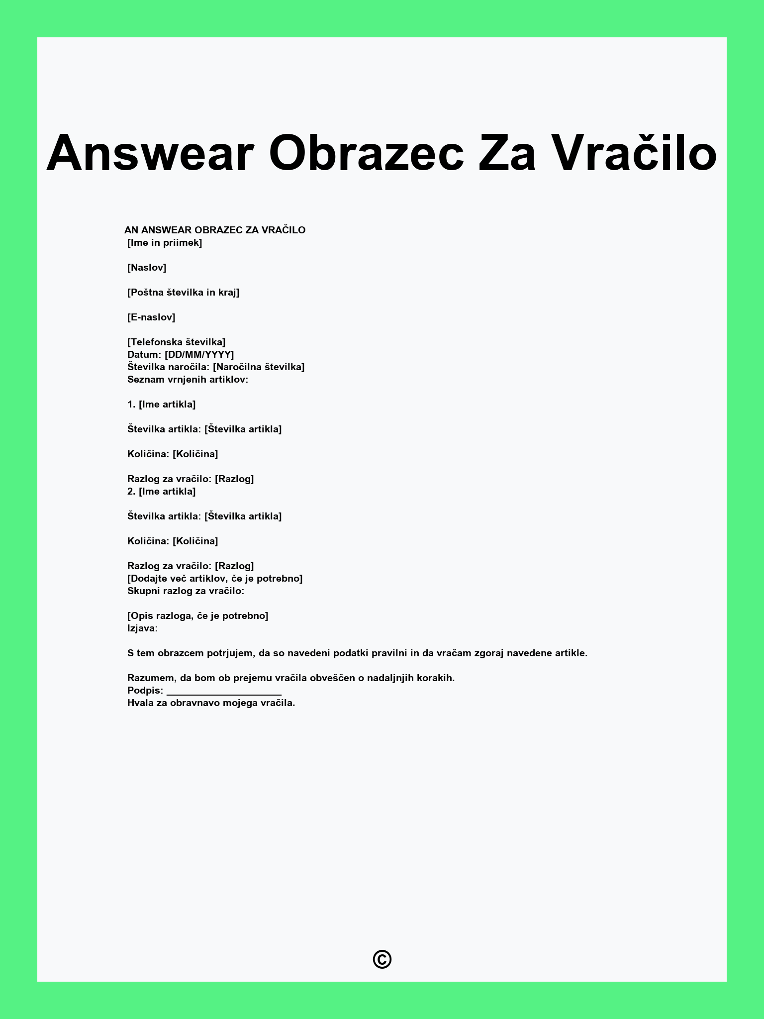 Answear Obrazec Za Vračilo