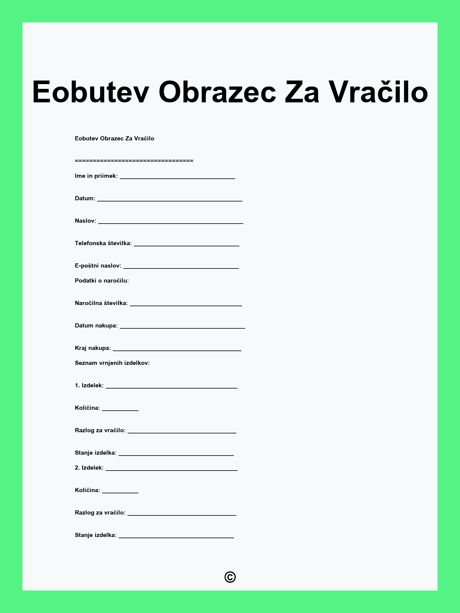 Eobutev Obrazec Za Vračilo