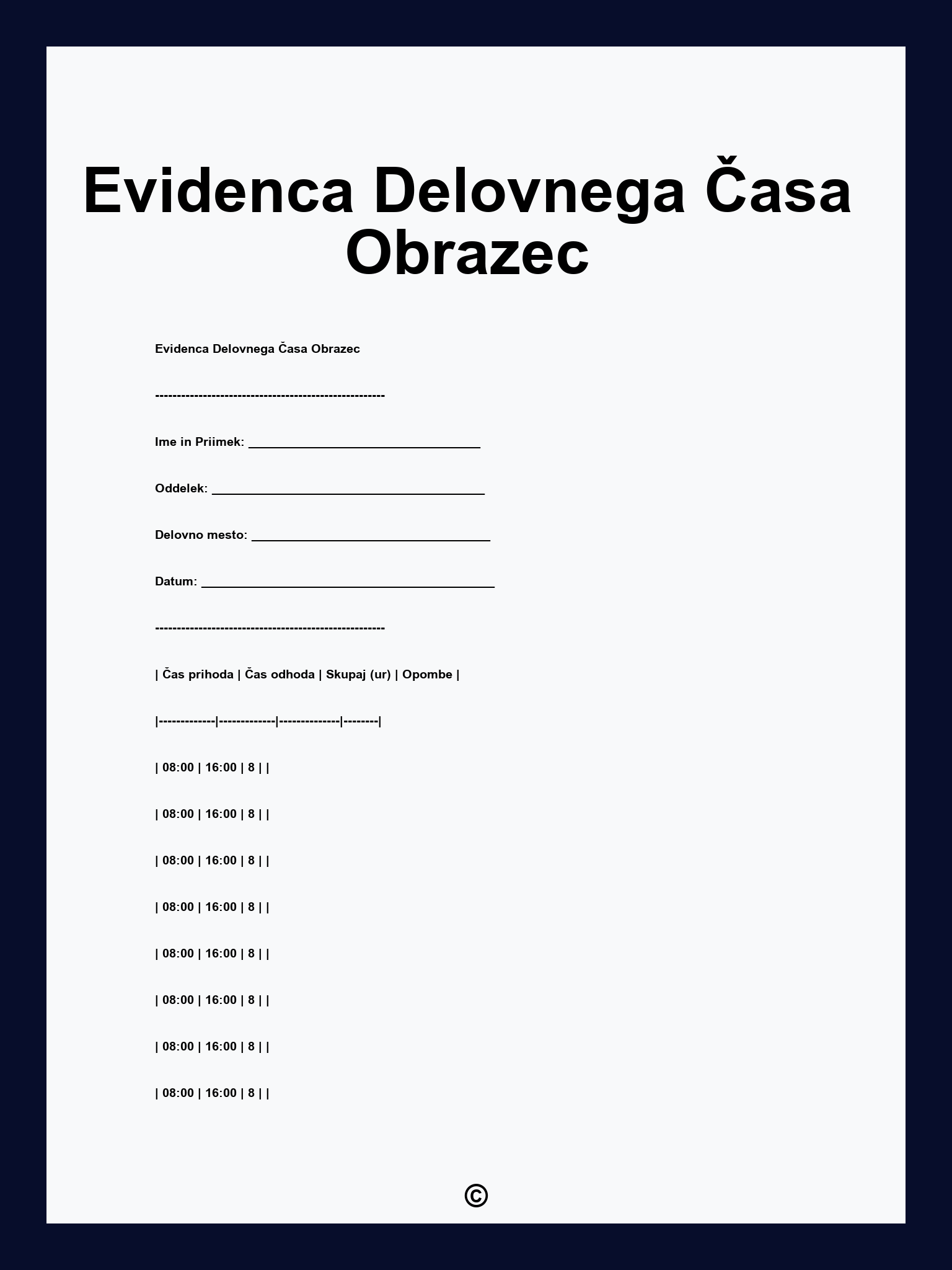 Evidenca Delovnega Časa Obrazec