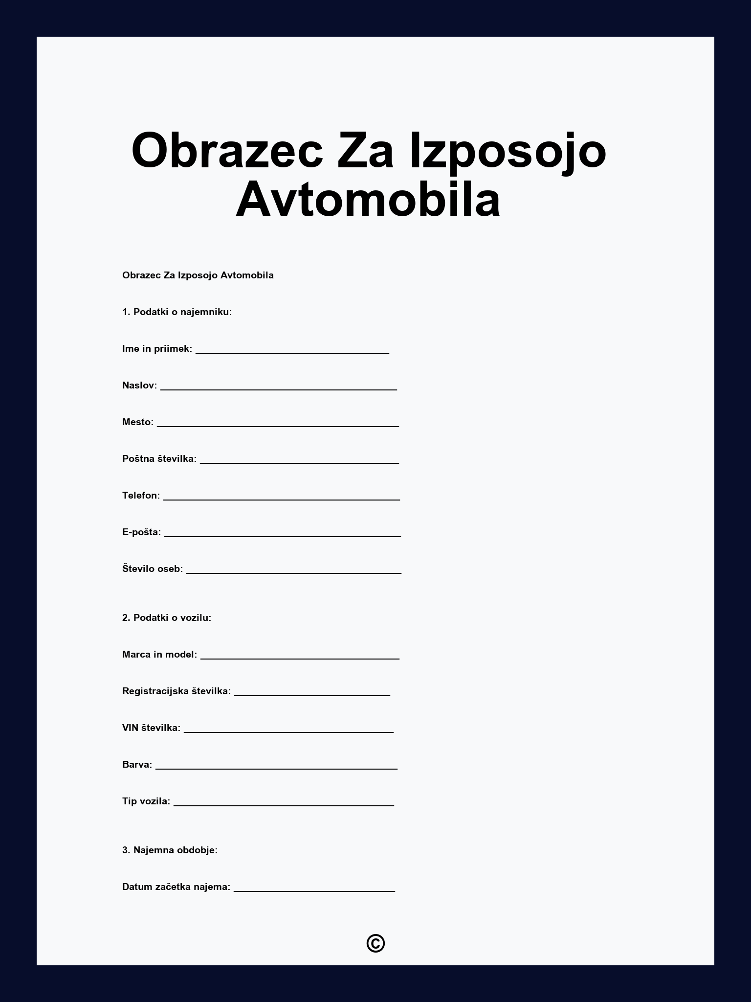 Obrazec Za Izposojo Avtomobila