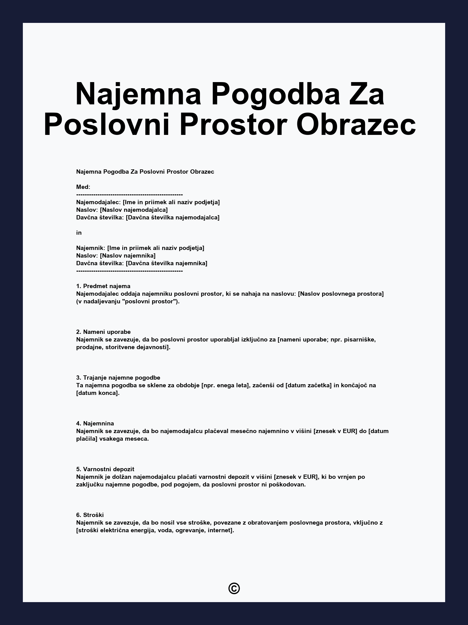 Najemna Pogodba Za Poslovni Prostor Obrazec