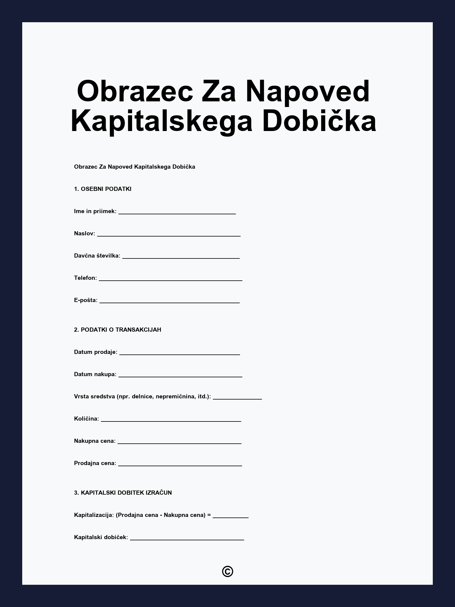 Obrazec Za Napoved Kapitalskega Dobička