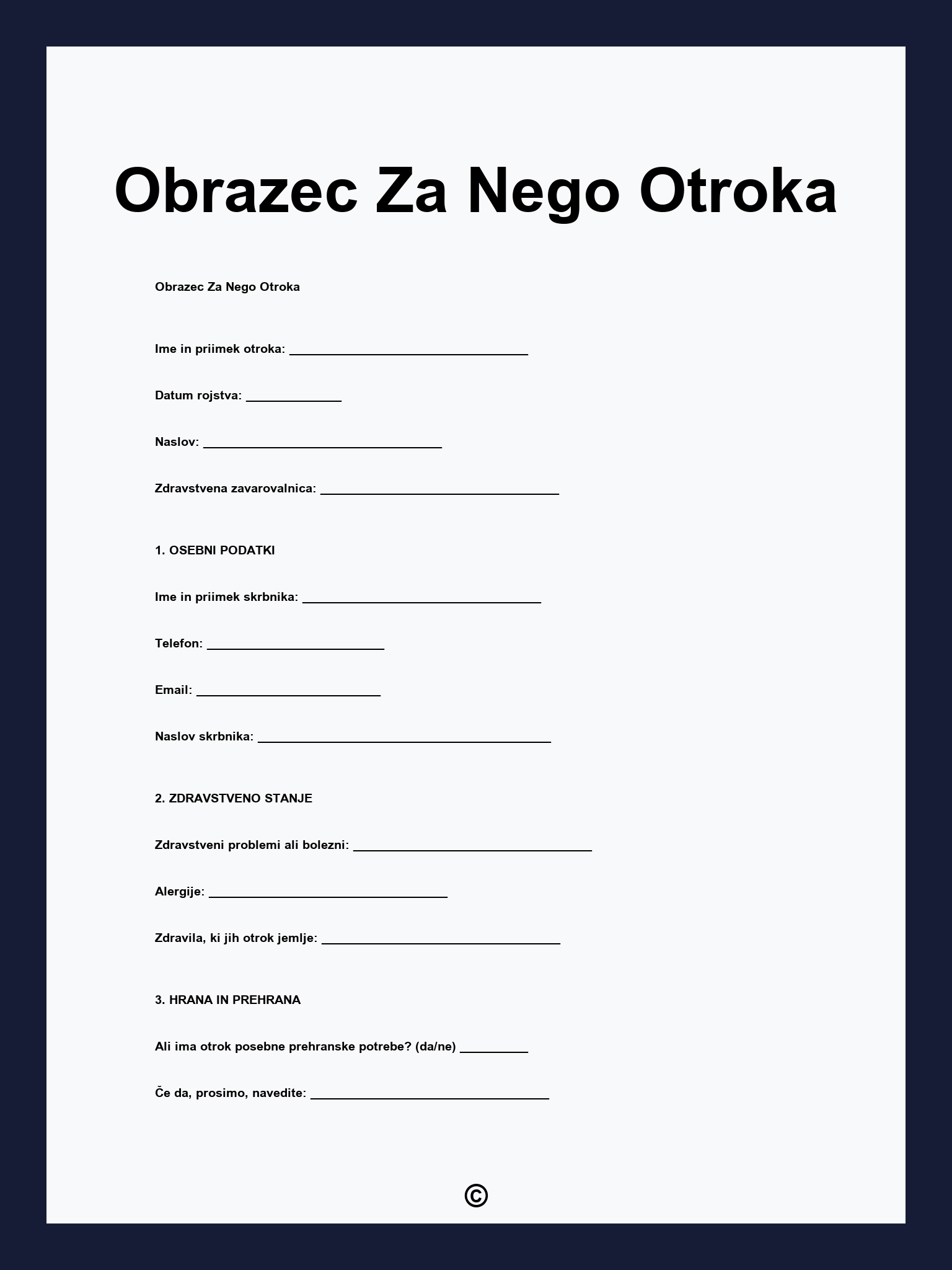 Obrazec Za Nego Otroka