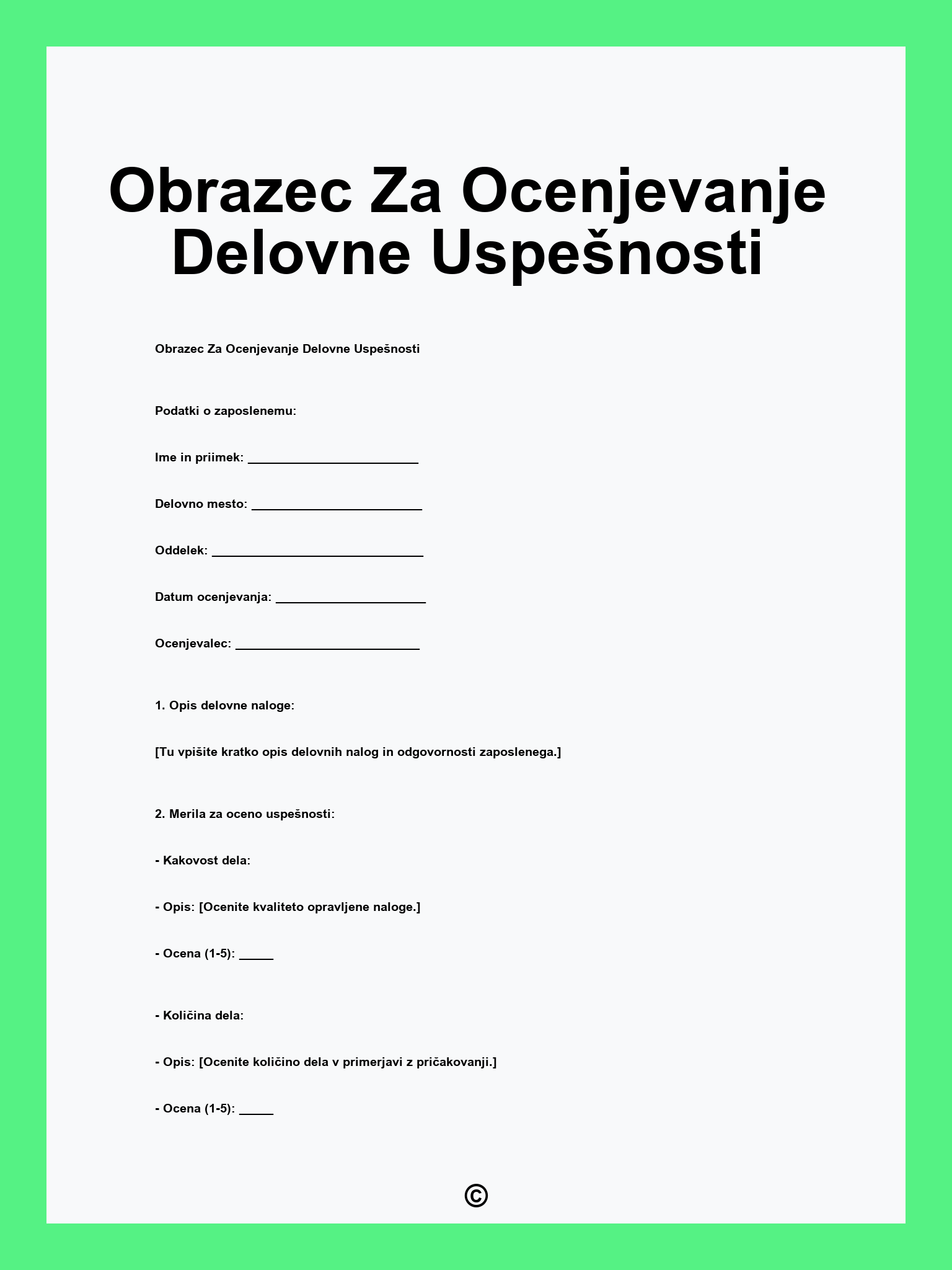 Obrazec Za Ocenjevanje Delovne Uspešnosti