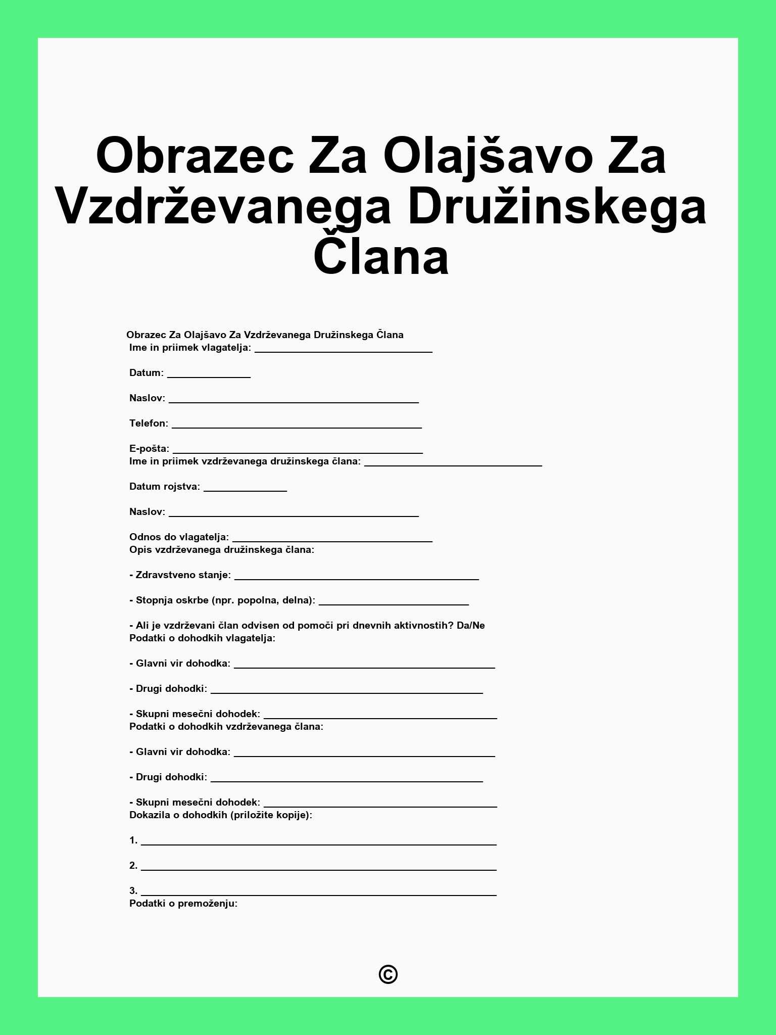 Obrazec Za Olajšavo Za Vzdrževanega Družinskega Člana