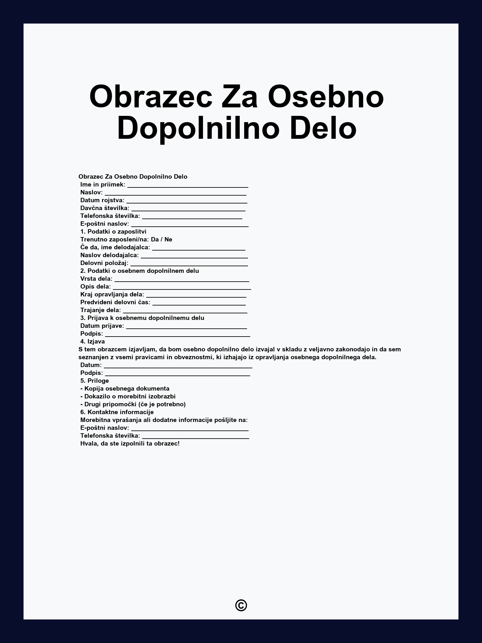 Obrazec Za Osebno Dopolnilno Delo