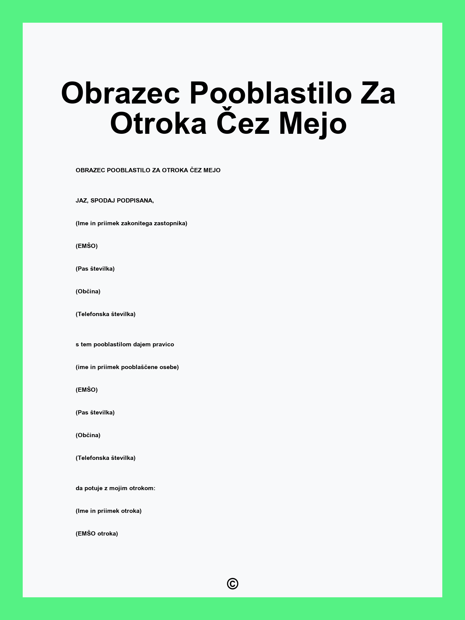 Obrazec Pooblastilo Za Otroka Čez Mejo