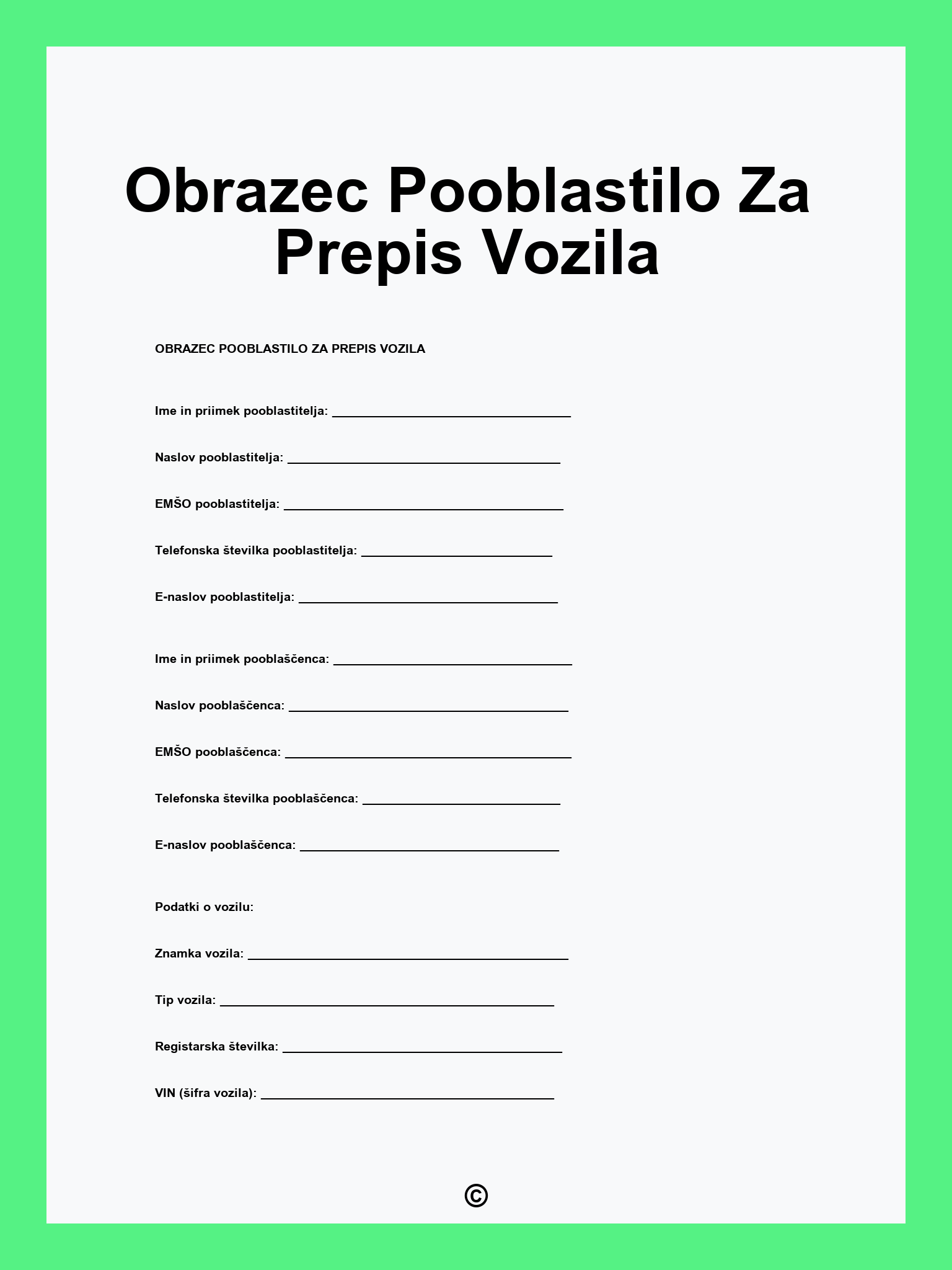 Obrazec Pooblastilo Za Prepis Vozila