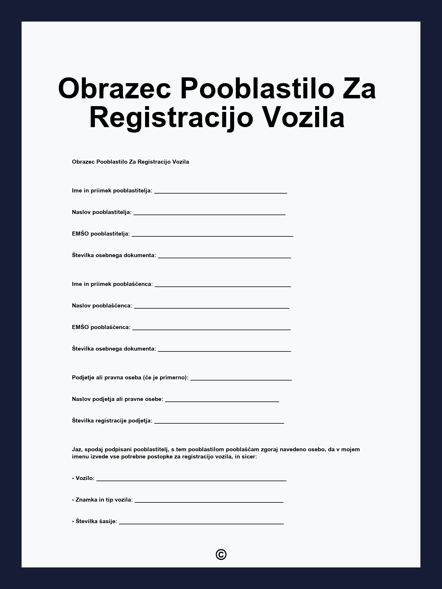 Obrazec Pooblastilo Za Registracijo Vozila