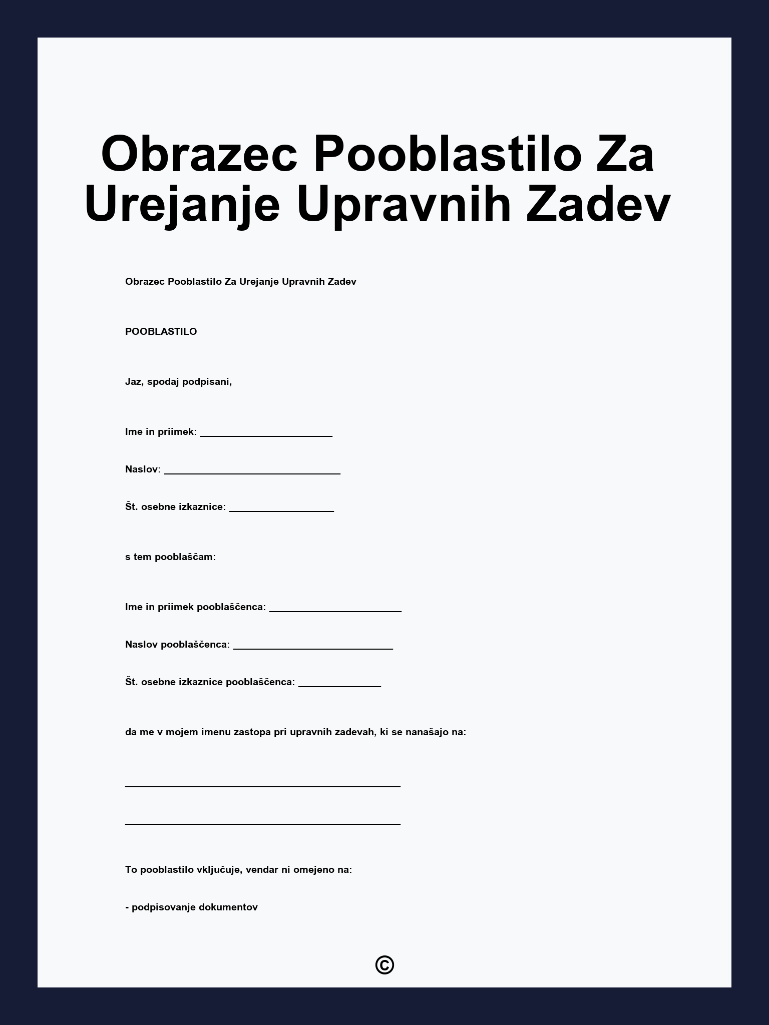 Obrazec Pooblastilo Za Urejanje Upravnih Zadev