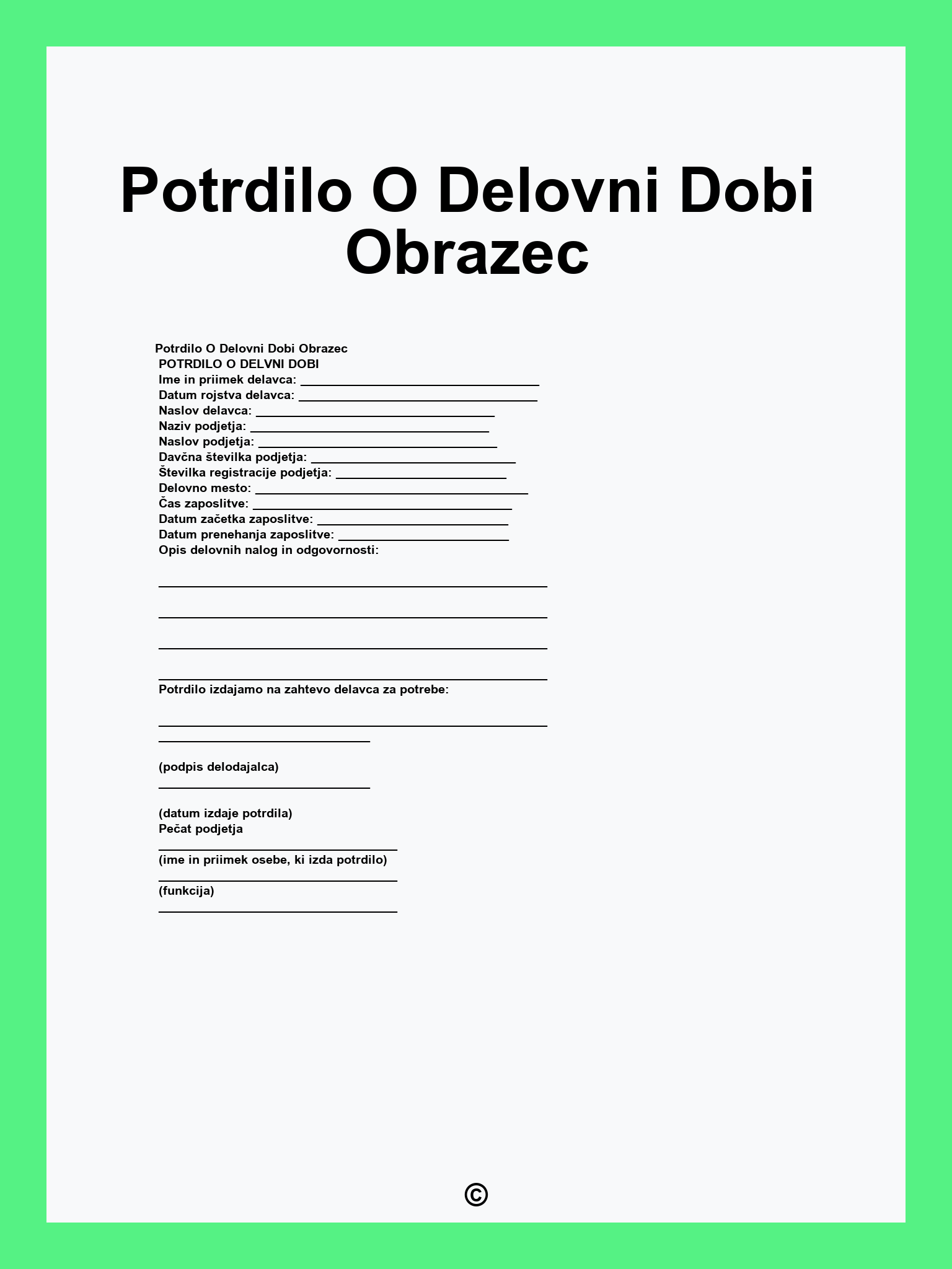 Potrdilo O Delovni Dobi Obrazec