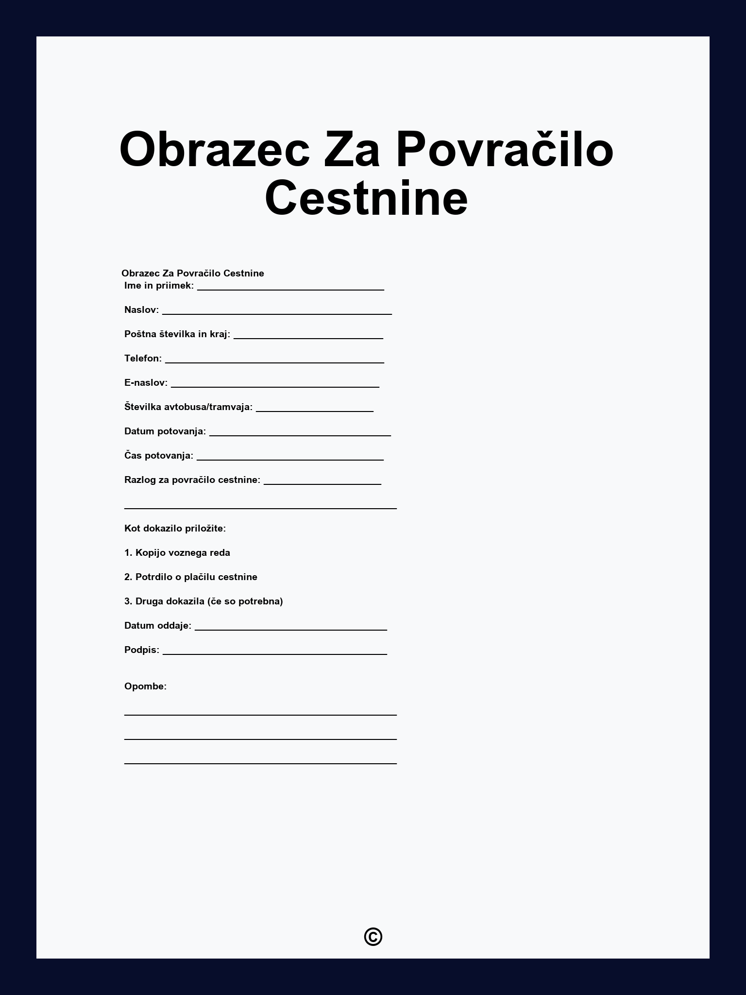 Obrazec Za Povračilo Cestnine