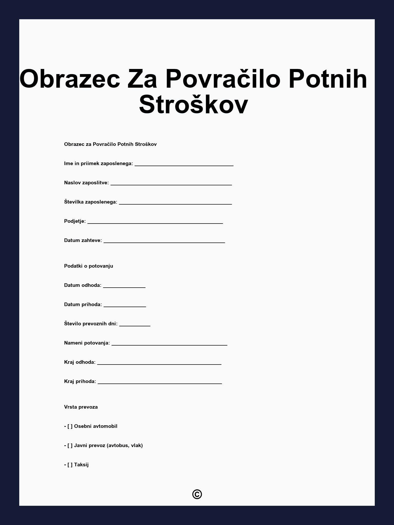 Obrazec Za Povračilo Potnih Stroškov