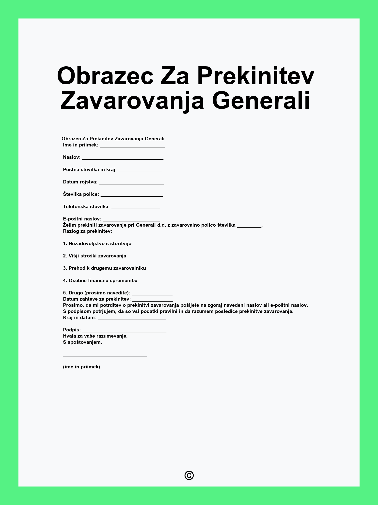 Obrazec Za Prekinitev Zavarovanja Generali