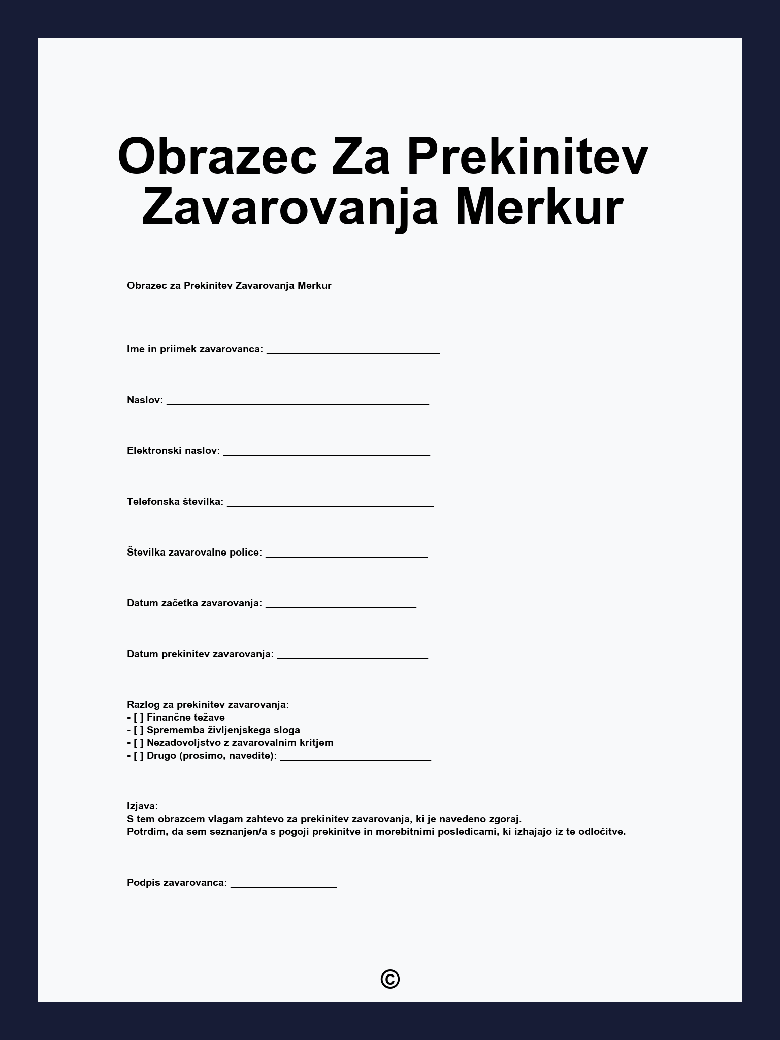 Obrazec Za Prekinitev Zavarovanja Merkur