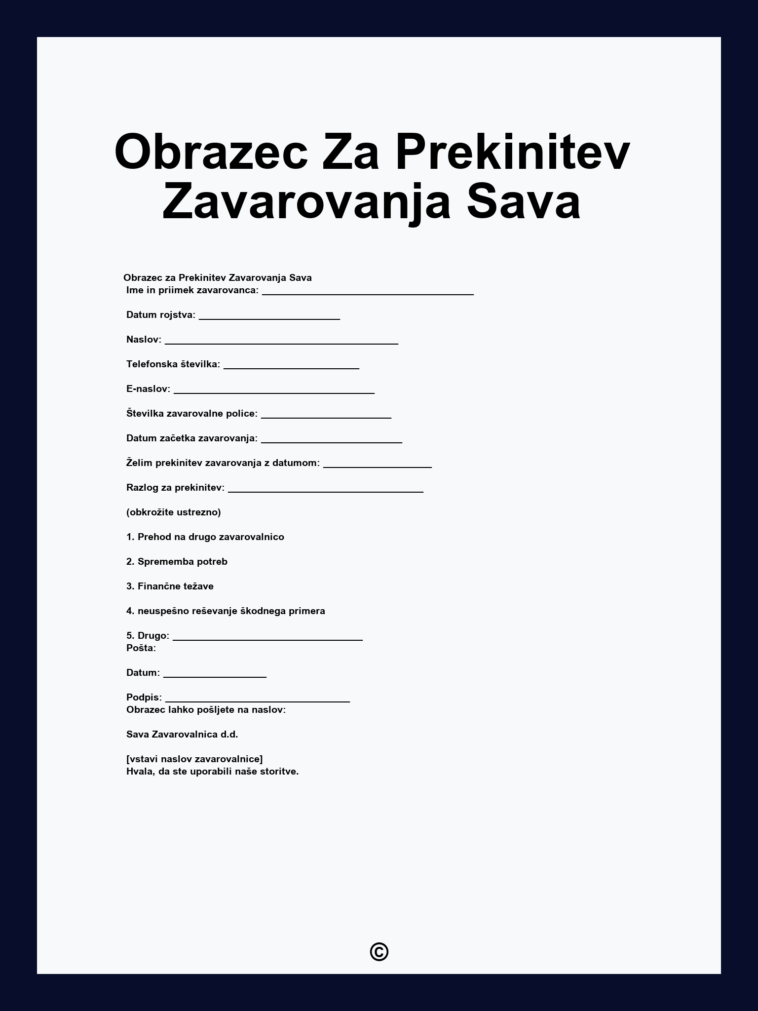 Obrazec Za Prekinitev Zavarovanja Sava