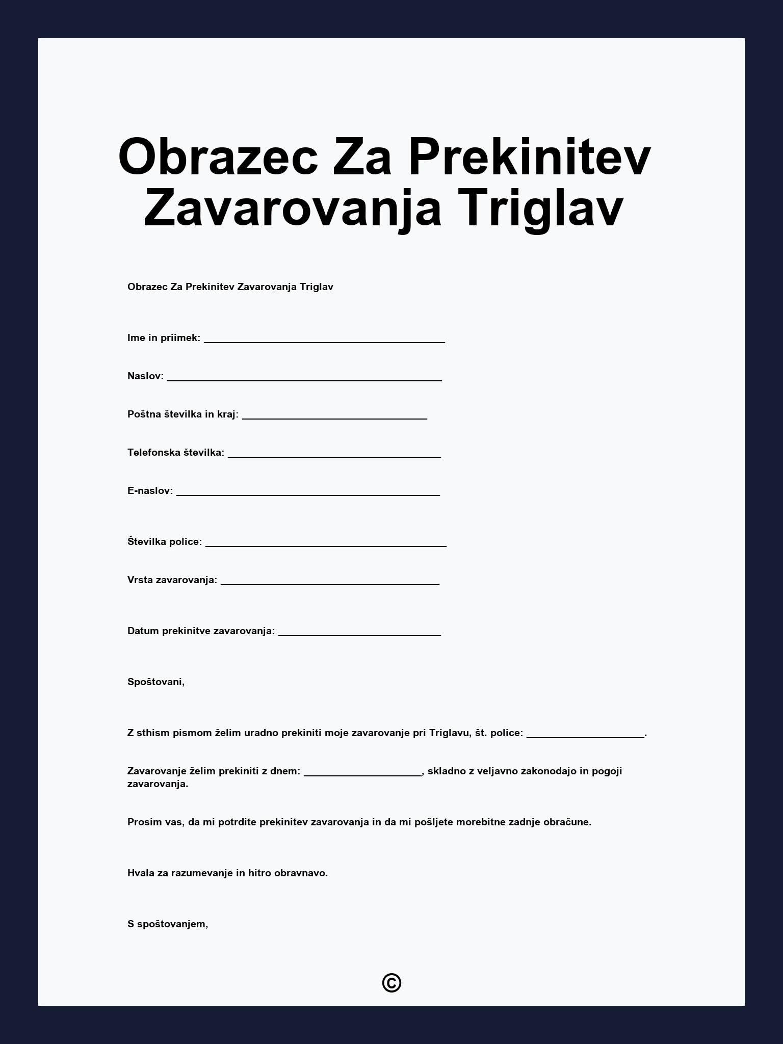 Obrazec Za Prekinitev Zavarovanja Triglav