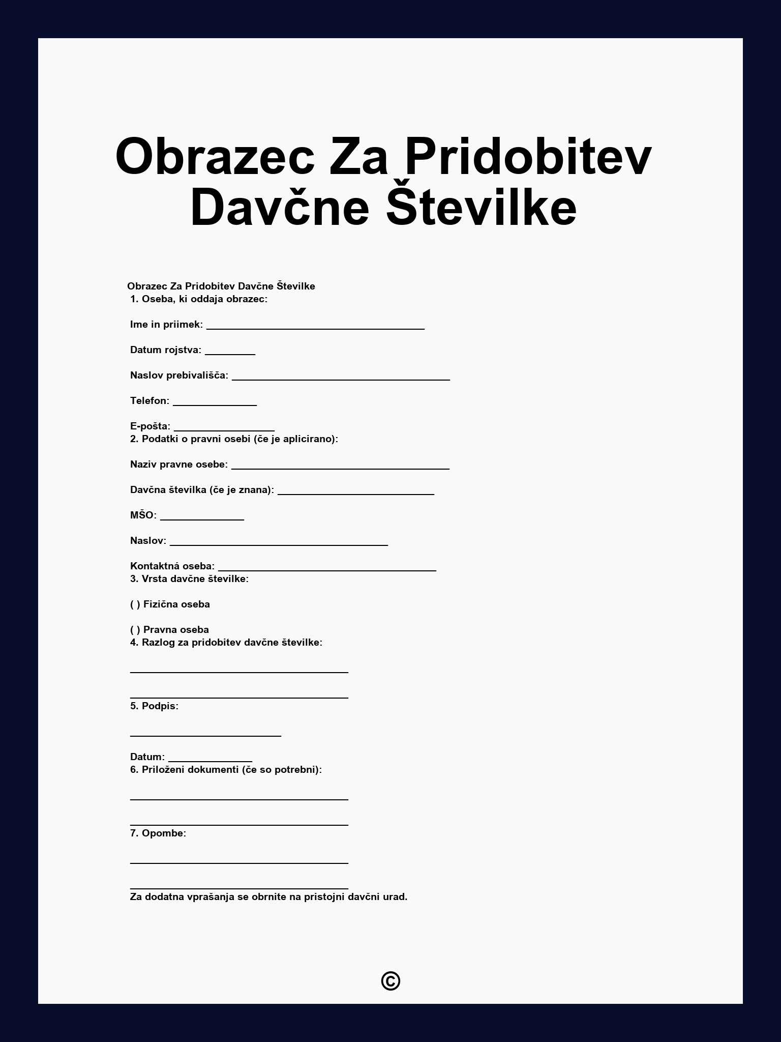 Obrazec Za Pridobitev Davčne Številke