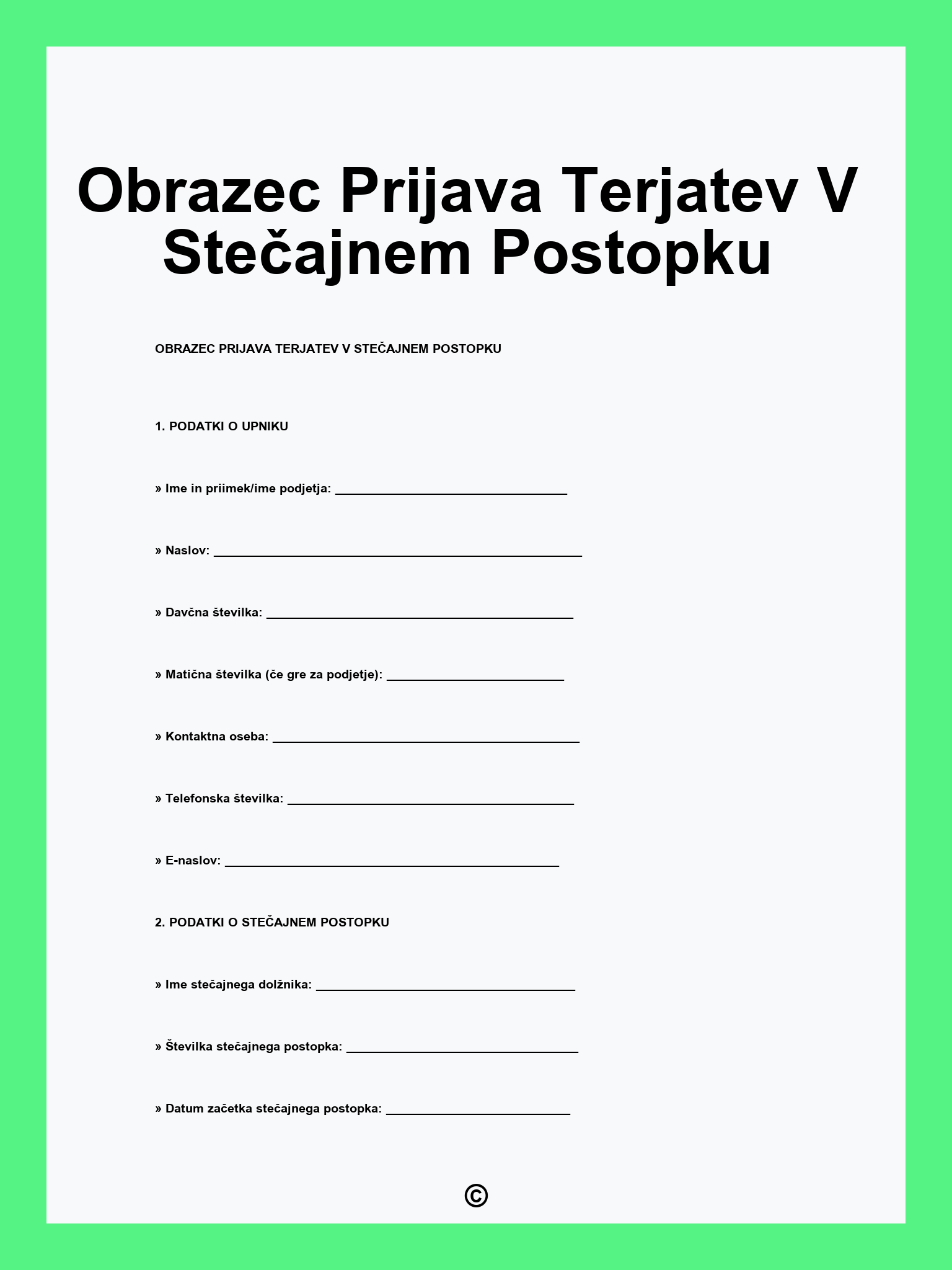 Obrazec Prijava Terjatev V Stečajnem Postopku