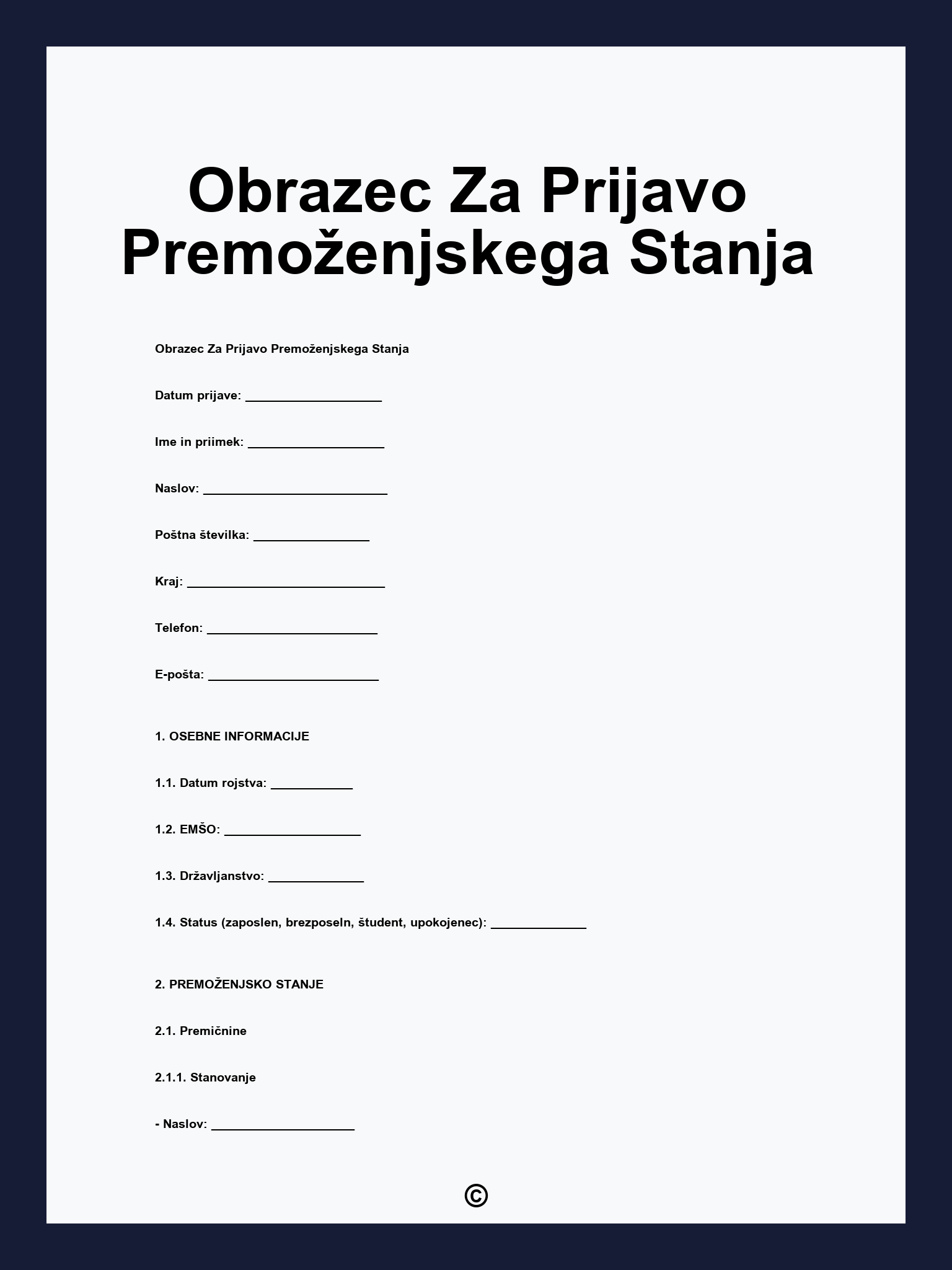 Obrazec Za Prijavo Premoženjskega Stanja