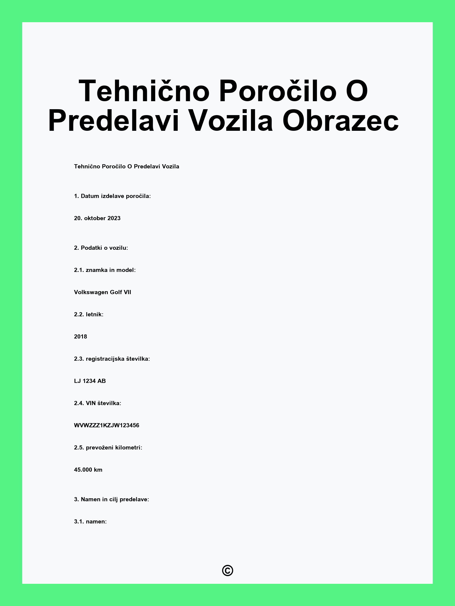 Tehnično Poročilo O Predelavi Vozila Obrazec