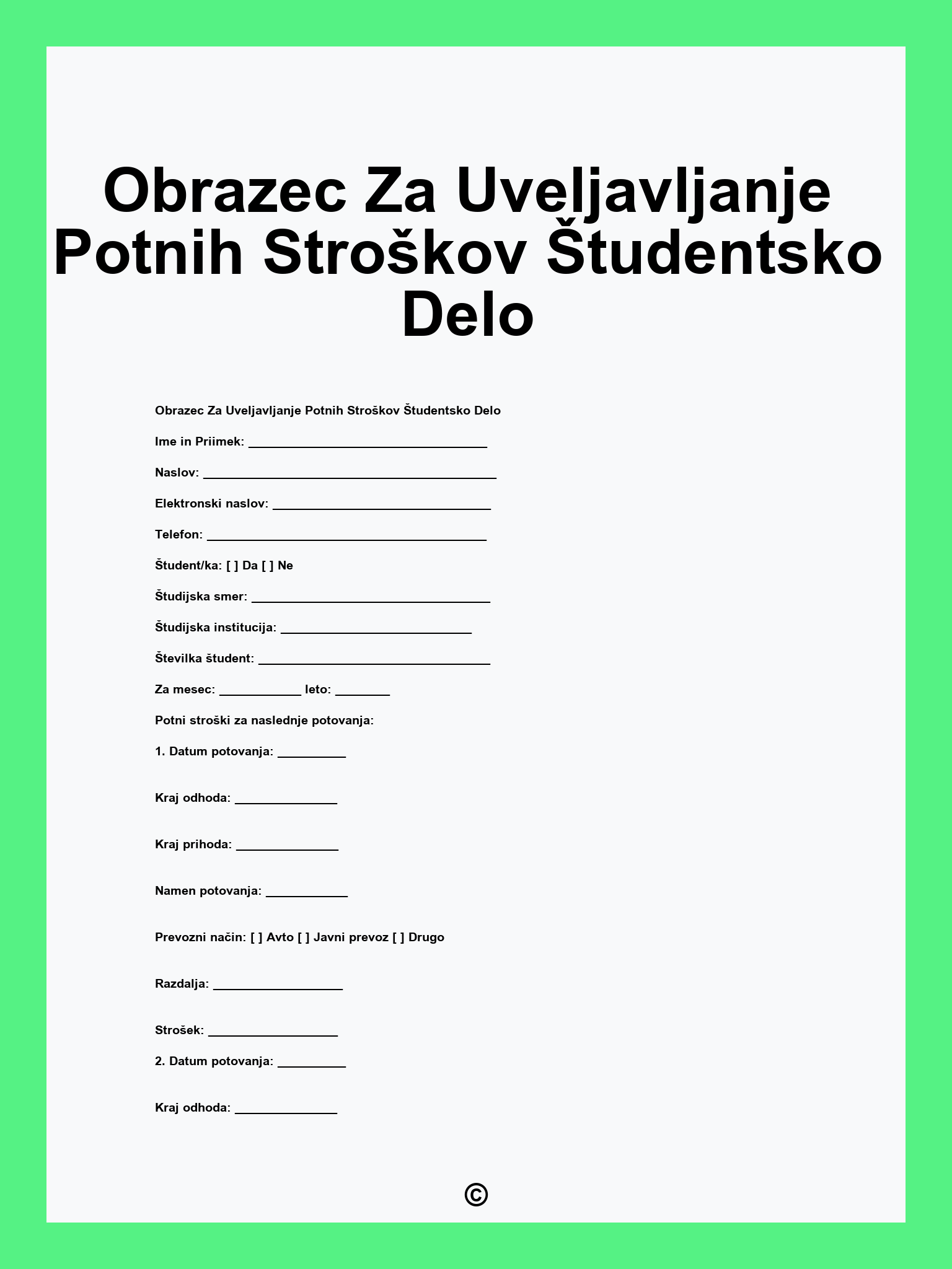 Obrazec Za Uveljavljanje Potnih Stroškov Študentsko Delo