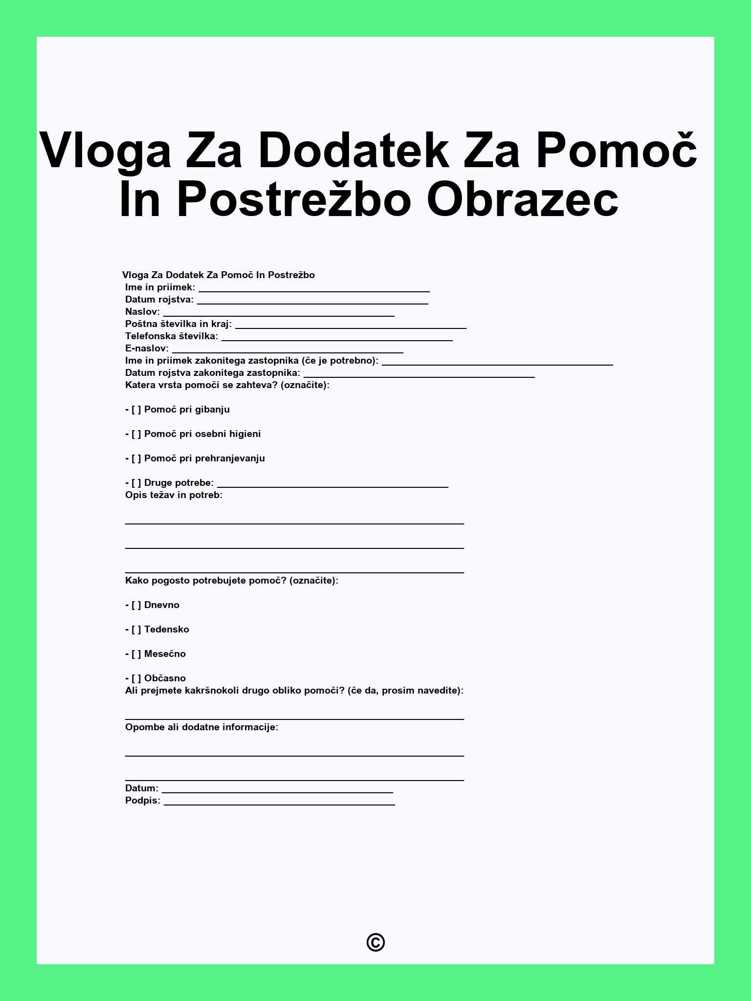 Vloga Za Dodatek Za Pomoč In Postrežbo Obrazec