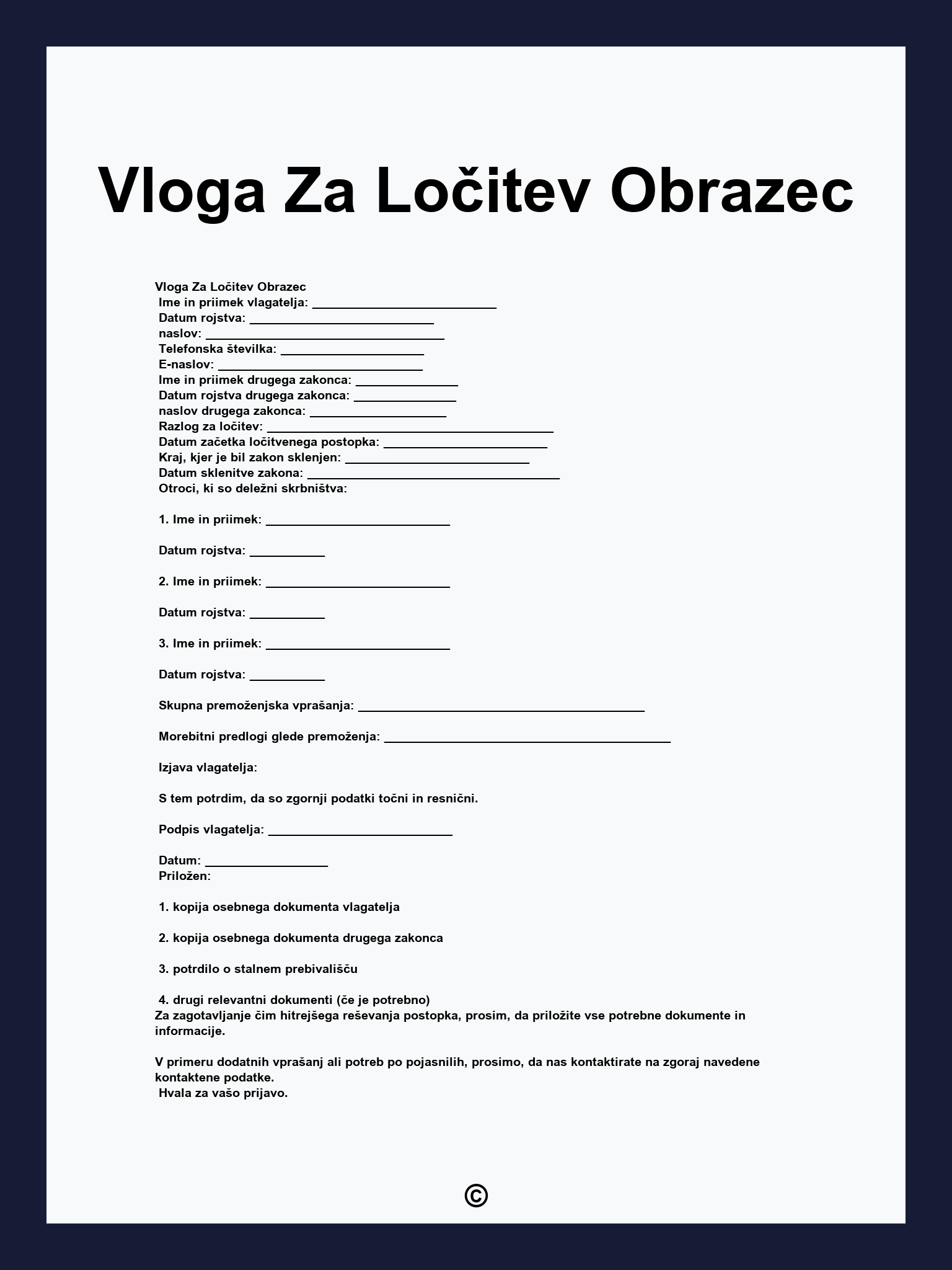 Vloga Za Ločitev Obrazec