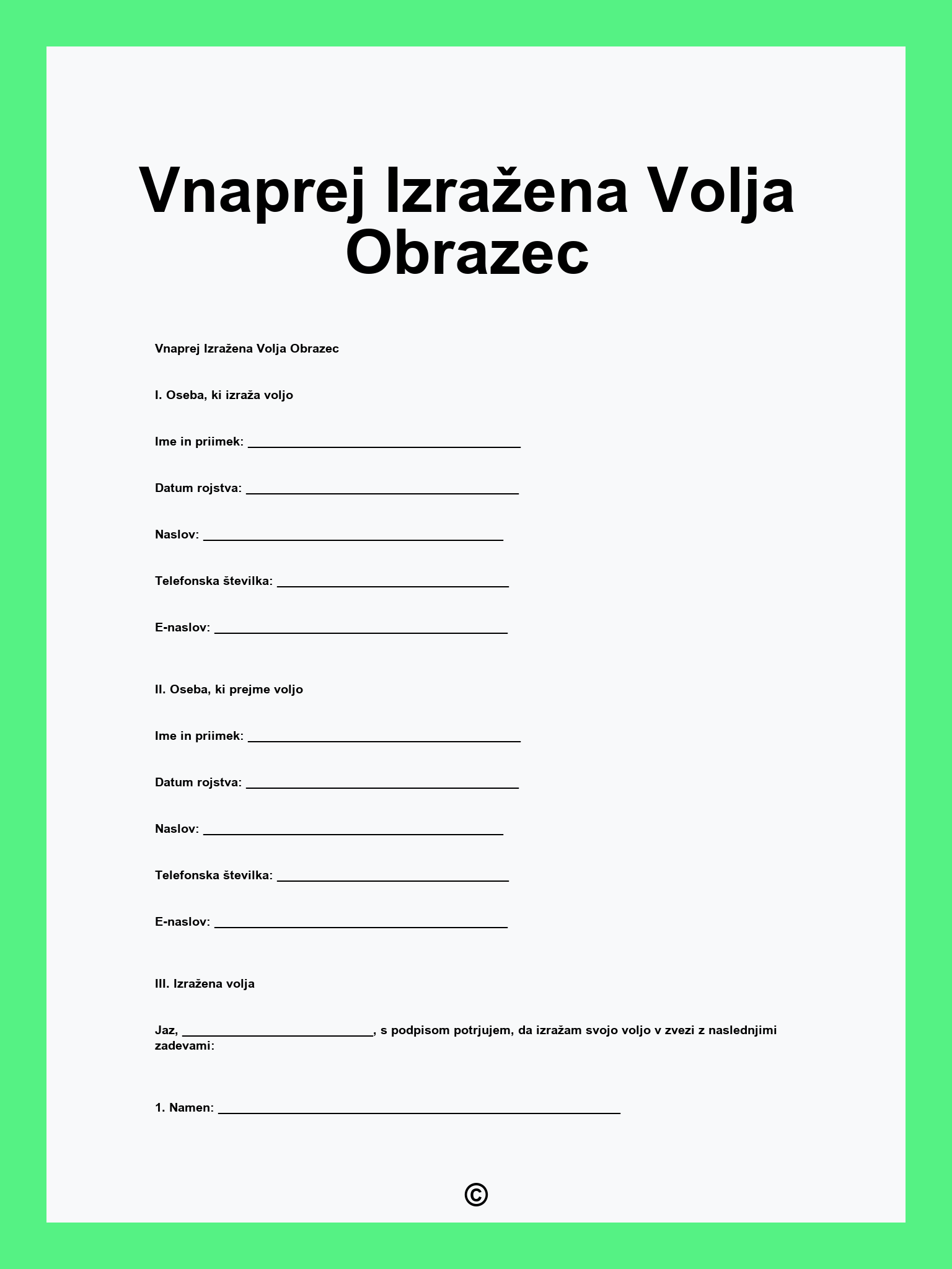 Vnaprej Izražena Volja Obrazec