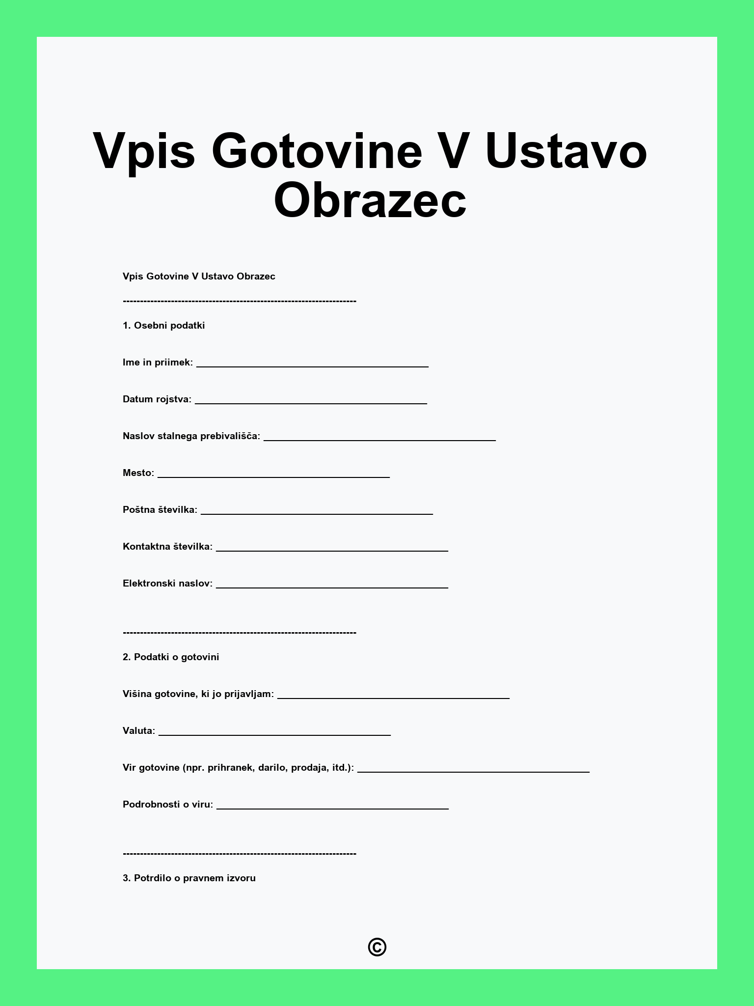 Vpis Gotovine V Ustavo Obrazec