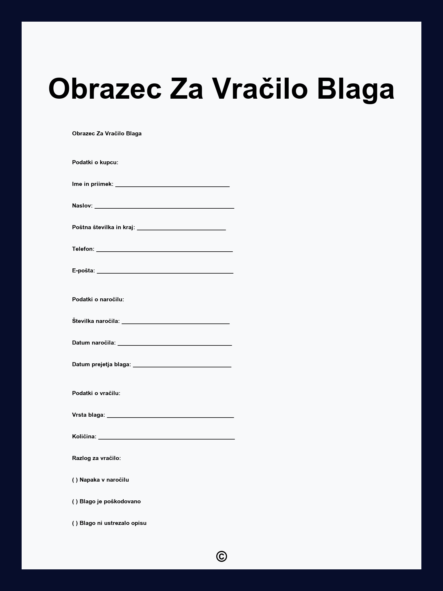 Obrazec Za Vračilo Blaga