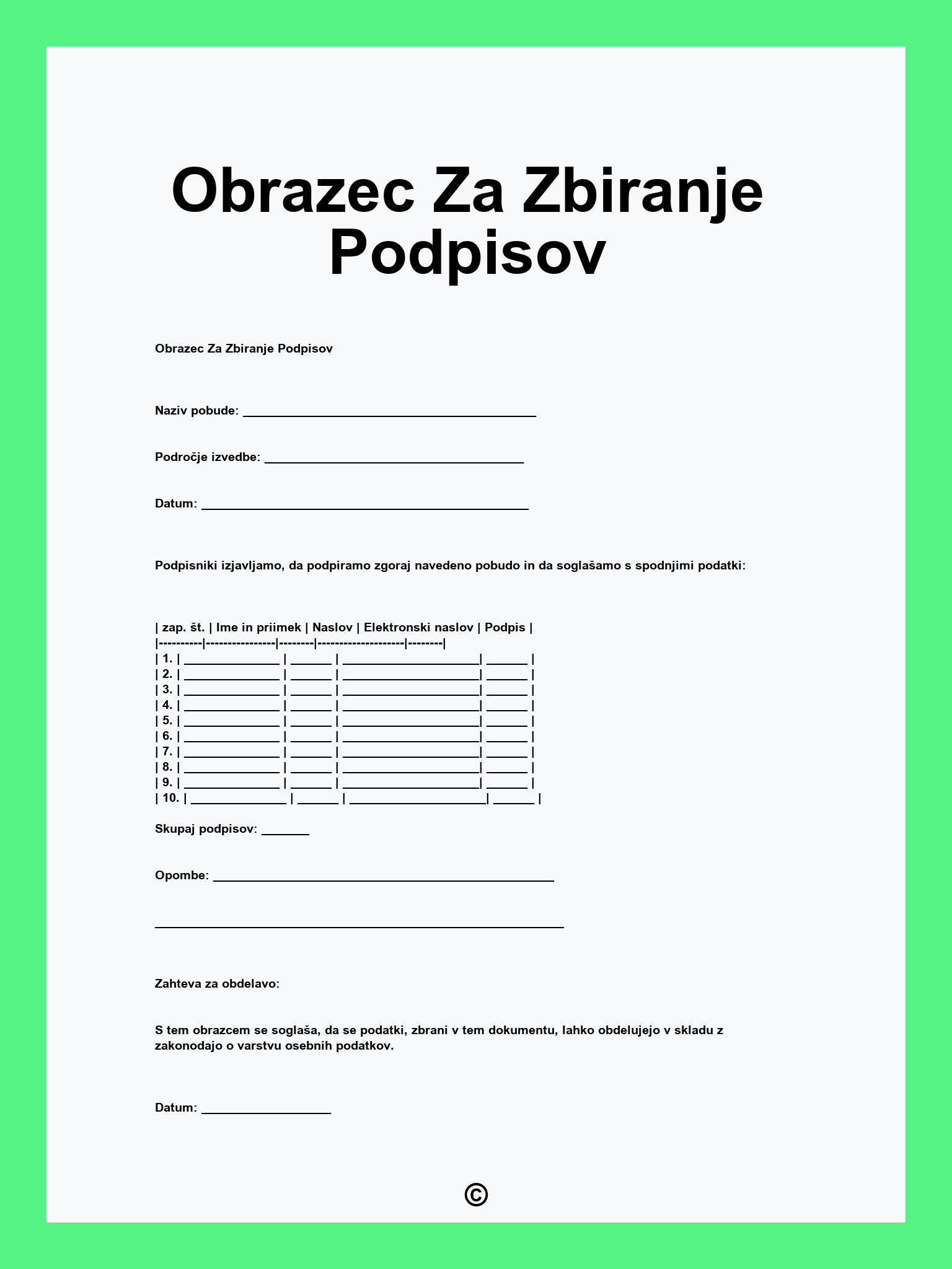 Obrazec Za Zbiranje Podpisov